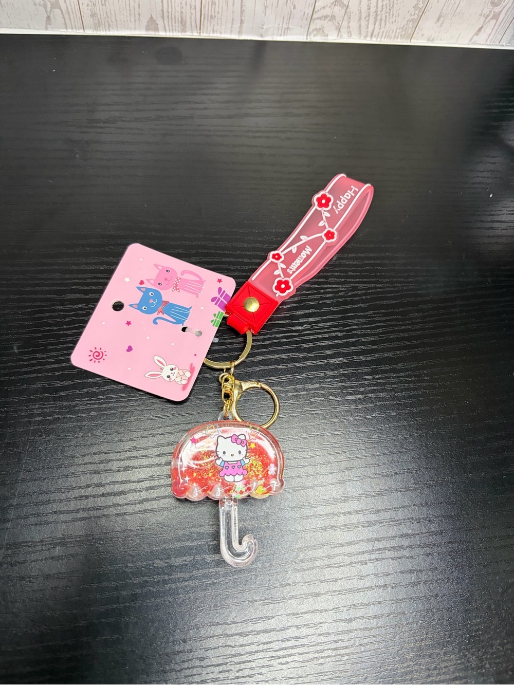 Hello Kitty Pink and Red Glitter Slushy Umbrella Keychain